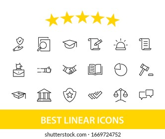 Set of Law and justice Vector Line Icons. Contains such Icons as weapon, arrest, authority, courthouse, gavel, legal, weapon and more. Editable stroke. 32x32 Pixels