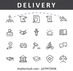 Set of Law and justice Vector Line Icons. Contains such Icons as weapon, arrest, authority, courthouse, gavel, legal, weapon and more. Editable stroke. 32x32 Pixels