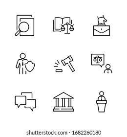 Set of Law and justice Vector Line Icons. Contains such Icons as weapon, arrest, authority, courthouse, gavel, legal, weapon and more. Editable stroke. 32x32 Pixels
