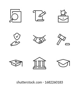 Set of Law and Justice Vektorillustration Line Icons. Enthält solche Symbole wie Waffen, Festnahme, Autorität, Gerichtsbezirk, Handschuh, Recht, Waffen und mehr. Bearbeitbarer Strich. 32 x 32 Pixel