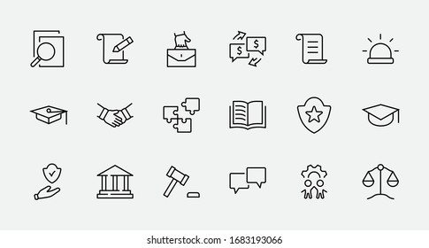 Conjunto de íconos de la Línea de Vectores de Derecho y Justicia. Contiene íconos como armas, arresto, autoridad, corte, gavel, legal, armas y más. Trazo editable. 32 x 32 píxeles