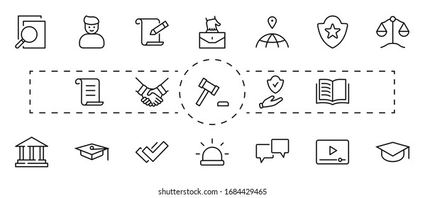 Set of Law and Justice Vektorillustration Line Icons. Enthält solche Symbole wie Waffen, Festnahme, Autorität, Gerichtsbezirk, Handschuh, Recht, Waffen und mehr. Bearbeitbarer Strich. 32 x 32 Pixel