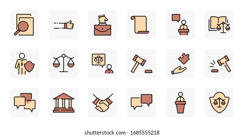 Conjunto de íconos de la Línea de Vectores de Derecho y Justicia. Contiene íconos como armas, arresto, autoridad, corte, gavel, legal, armas y más. Trazo editable. 32 x 32 píxeles