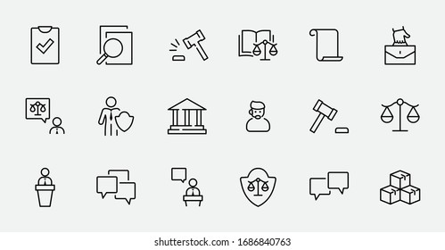 Set of Law and justice Vector Line Icons. Contains such Icons as weapon, arrest, authority, courthouse, gavel, legal, weapon and more. Editable stroke. 32x32 Pixels