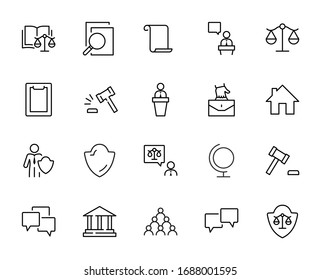 Set of Law and justice Vector Line Icons. Contains such Icons as weapon, arrest, authority, courthouse, gavel, legal, weapon and more. Editable stroke. 32x32 Pixels