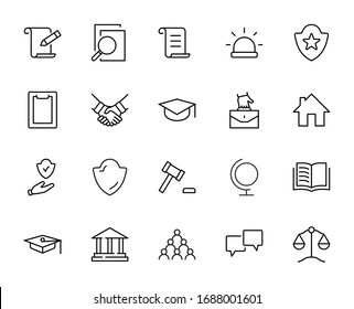 Set of Law and justice Vector Line Icons. Contains such Icons as weapon, arrest, authority, courthouse, gavel, legal, weapon and more. Editable stroke. 32x32 Pixels