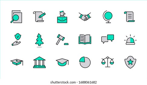 Set of Law and justice Vector Line Icons. Contains such Icons as weapon, arrest, authority, courthouse, gavel, legal, weapon and more. Editable stroke. 32x32 Pixels