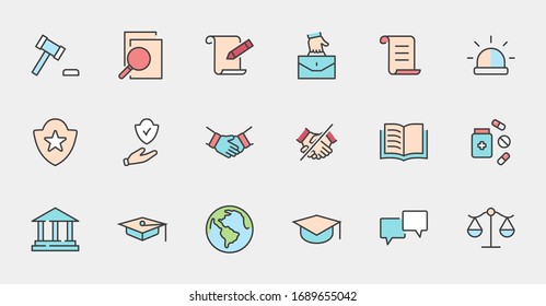 Set of Law and justice Vector Line Icons. Contains such Icons as  arrest, authority, courthouse, gavel, legal, weapon and more. Editable stroke. 32x32 Pixels