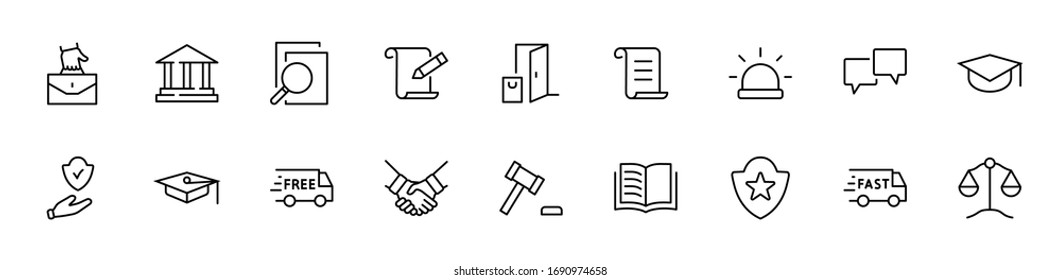 Set of Law and justice Vector Line Icons. Contains such Icons as weapon, arrest, authority, courthouse, gavel, legal, weapon and more. Editable stroke. 32x32 Pixels