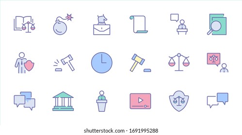 Conjunto de íconos de la Línea de Vectores de Derecho y Justicia. Contiene íconos como armas, arresto, autoridad, corte, gavel, legal, armas y más. Trazo editable. 32 x 32 píxeles
