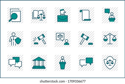 Conjunto de íconos de la Línea de Vectores de Derecho y Justicia. Contiene íconos como armas, arresto, autoridad, corte, gavel, legal, armas y más. Trazo editable. 32 x 32 píxeles