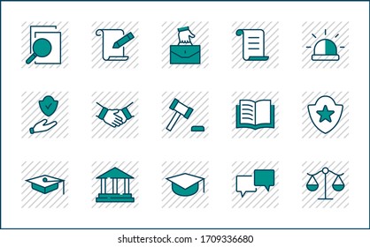 Set of Law and Justice Vektorillustration Line Icons. Enthält solche Symbole wie Waffen, Festnahme, Autorität, Gerichtsbezirk, Handschuh, Recht, Waffen und mehr. Bearbeitbarer Strich. 32 x 32 Pixel