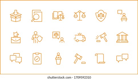 Conjunto de íconos de la Línea de Vectores de Derecho y Justicia. Contiene íconos como armas, arresto, autoridad, corte, gavel, legal, armas y más. Trazo editable. 32 x 32 píxeles