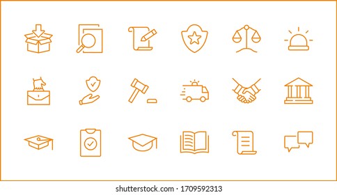 Set of Law and Justice Vektorillustration Line Icons. Enthält solche Symbole wie Waffen, Festnahme, Autorität, Gerichtsbezirk, Handschuh, Recht, Waffen und mehr. Bearbeitbarer Strich. 32 x 32 Pixel