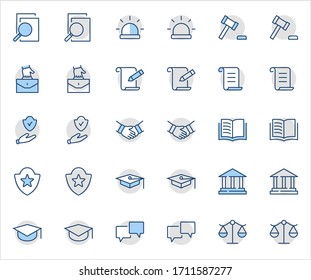 Set of Law and justice Vector Line Icons. Contains such Icons as weapon, arrest, authority, courthouse, gavel, legal, weapon and more. Editable stroke. 32x32 Pixels