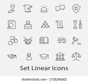 Set von Recht und Gerechtigkeit Vektorgrafik-Symbole. Enthält solche Symbole wie Waffen, Festnahme, Autorität, Gerichtsbezirk, Handschuh, Recht, Waffen und mehr. Bearbeitbarer Strich. 32 x 32 Pixel.