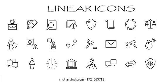 Set of Law and justice Vector Line Icons. Contains such Icons as weapon, arrest, authority, courthouse, gavel, legal, weapon and more. Editable stroke. 32x32 Pixels.