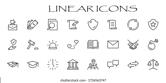 Set of Law and justice Vector Line Icons. Contains such Icons as weapon, arrest, authority, courthouse, gavel, legal, weapon and more. Editable stroke. 32x32 Pixels.