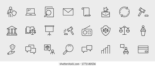 Set of Law and justice Vector Line Icons. Contains such Icons as weapon, arrest, authority, courthouse, gavel, legal, weapon and more. Editable stroke. 32x32 Pixels