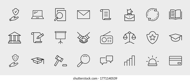 Set of Law and justice Vector Line Icons. Contains such Icons as weapon, arrest, authority, courthouse, gavel, legal, weapon and more. Editable stroke. 32x32 Pixels
