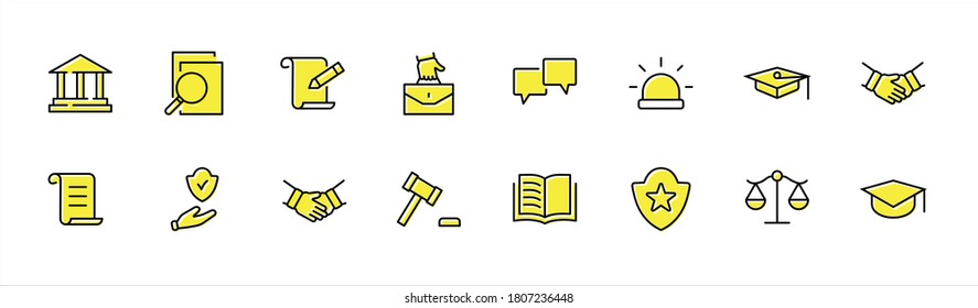 Set of Law and justice Vector Line Icons. Contains such Icons as weapon, arrest, authority, courthouse, gavel, legal, weapon and more. Editable stroke. 32x32 Pixels