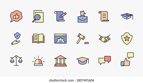Set von Recht und Gerechtigkeit Vektorgrafik-Symbole. Enthält solche Symbole wie Waffen, Festnahme, Autorität, Gerichtsbezirk, Handschuh, Recht, Waffe und mehr. Bearbeitbarer Strich. 32 x 32 Pixel