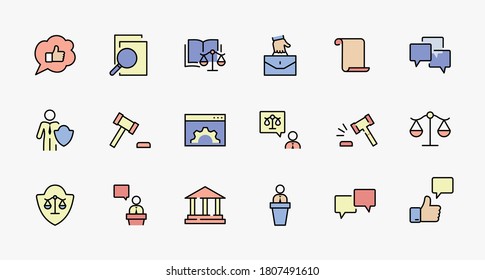 Set of Law and justice Vector Line Icons. Contains such Icons as weapon, arrest, authority, courthouse, gavel, legal, weapon and more. Editable stroke. 32x32 Pixels