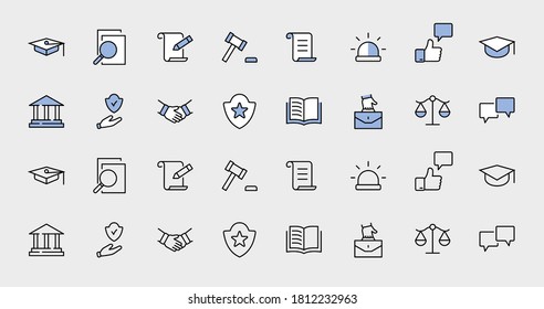 Set von Recht und Gerechtigkeit Vektorgrafik-Symbole. Enthält solche Symbole wie Waffen, Festnahme, Autorität, Gerichtsbezirk, Handschuh, Recht, Waffe und mehr. Bearbeitbarer Strich. 32 x 32 Pixel