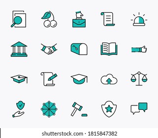 Set of Law and justice Vector Line Icons. Contains such Icons as weapon, arrest, authority, courthouse, gavel, legal, weapon and more. Editable stroke. 32x32 Pixels