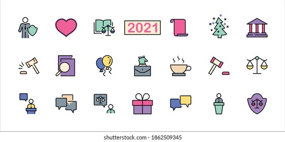 Set von Recht und Gerechtigkeit Vektorgrafik-Symbole. Enthält solche Symbole wie Waffen, Festnahme, Autorität, Gerichtsbezirk, Handschuh, Recht, Waffe und mehr. Bearbeitbarer Strich. 