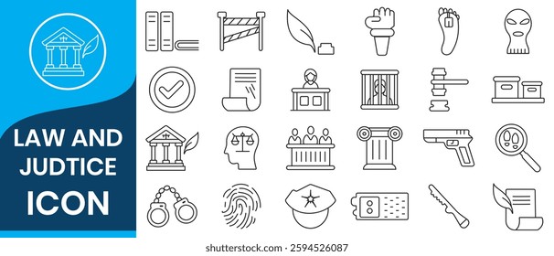 Set of Law and justice Vector Line Icons. Contains such Icons as weapon, arrest, authority, courthouse, gavel, legal, weapon and more.
