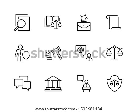 Set of Law and justice Vector Line Icons. Contains such Icons as weapon, arrest, authority, courthouse, gavel, legal, weapon and more. Editable stroke. 32x32 Pixels