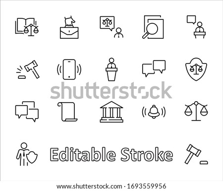 Set of Law and justice Vector Line Icons. Contains such Icons as weapon, arrest, authority, courthouse, gavel, legal, weapon and more. Editable stroke. 32x32 Pixels