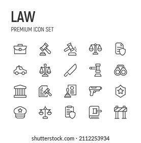 Set of law line icons. Premium pack of signs in trendy style. Pixel perfect objects for UI, apps and web. 
