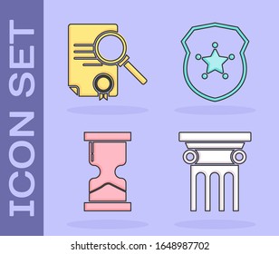 Set Law Pillar, Document With Search, Old Hourglass And Police Badge Icon. Vector