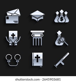 Set Law pillar, Holy bible book, Police rubber baton, Money bag and magnifying glass, Handcuffs, Oath the Bible,  and Envelope icon. Vector