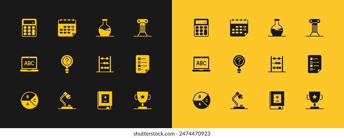 Set Law pillar, Table lamp, Abacus, Book with mathematics, Unknown search, Test tube, Calculator and School timetable icon. Vector