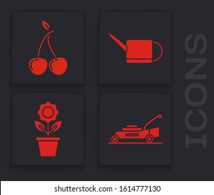 Set Lawn mower, Cherry, Watering can and Flower in pot icon. Vector