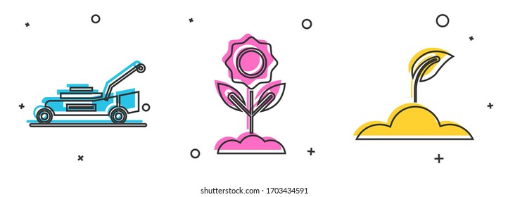 Ajuste el icono de chapado de césped, flor y brote. Vector