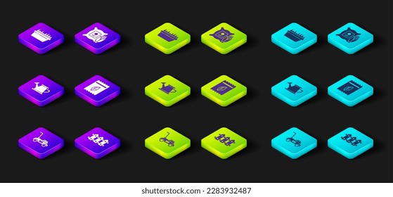 Set Lawn mower, Garden fence wooden, Watering can, Pack full of seeds of plant, Corn the sack and Fresh grass rectangular icon. Vector