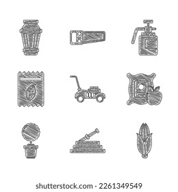 Set Lawn mower, Garden hose or fire hose, Corn, Apple in the sack, Flower pot, Pack full of seeds of plant, sprayer for fertilizer and light lamp icon. Vector