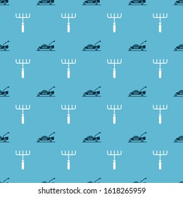 Set Lawn mower and Garden rake on seamless pattern. Vector