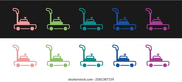 Set Lawn mower icon isolated on black and white background. Lawn mower cutting grass.  Vector