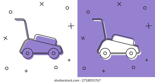 Icono de cortacésped aislado sobre fondo blanco y púrpura. Cortacésped cortando hierba.  Vector
