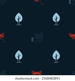 Set Lawn mower, Leaf in hand and Tree on seamless pattern. Vector