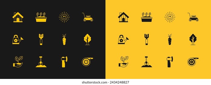 Set Lawn mower, Shovel, Carrot, Wooden axe, Garden pitchfork, Sun, Farm house and Plant in pot icon. Vector