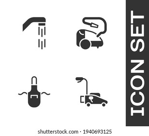 Set Lawn mower, Shower head, Kitchen apron and Vacuum cleaner icon. Vector