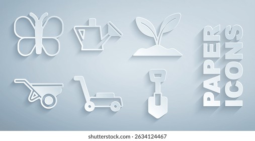 Set Lawn mower, Sprout, Wheelbarrow with dirt, Shovel, Watering can and Butterfly icon. Vector