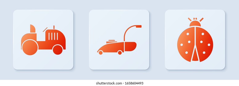 Set Lawn mower, Tractor and Ladybug. White square button. Vector