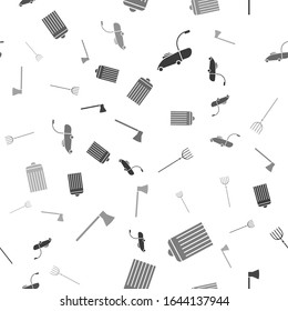Set Lawn mower, Trash can, Garden pitchfork and Wooden axe on seamless pattern. Vector